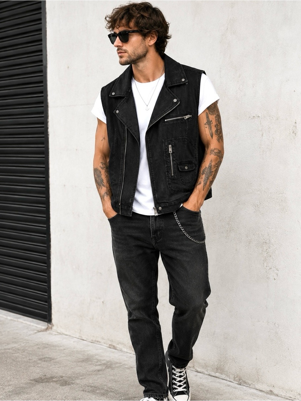 Zara Man Denimwear Black Denim Moto Vest Men’s L Biker Utility Zip